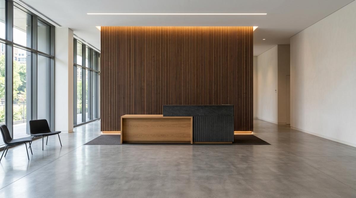 Minimalist corporate reception area with dual-height desk and vertical wood slat backdrop